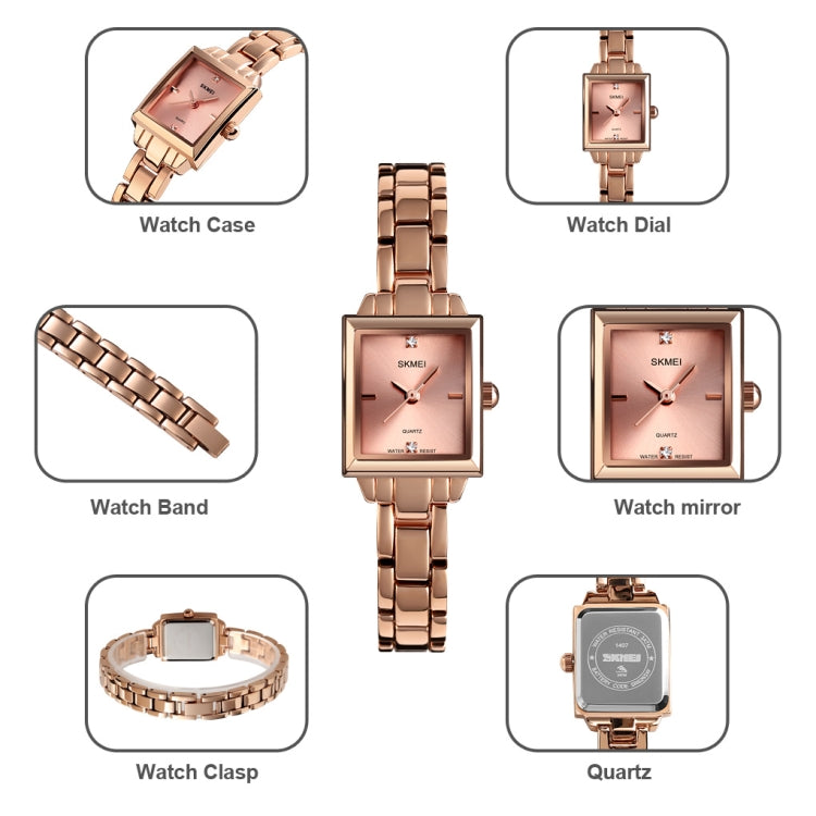 SKMEI 1407 Business Fashion Watch with Diamonds Delicate and Elegant Square Zinc Alloy Quartz Watch for Women Silvery
