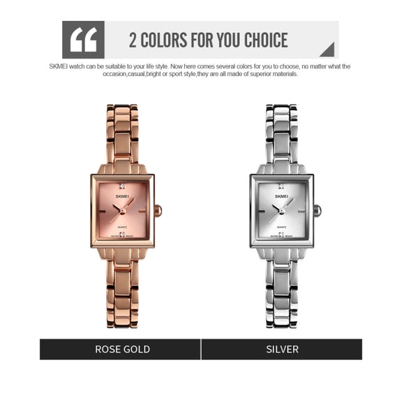 SKMEI 1407 Business Fashion Watch with Diamonds Delicate and Elegant Square Zinc Alloy Quartz Watch for Women Silvery