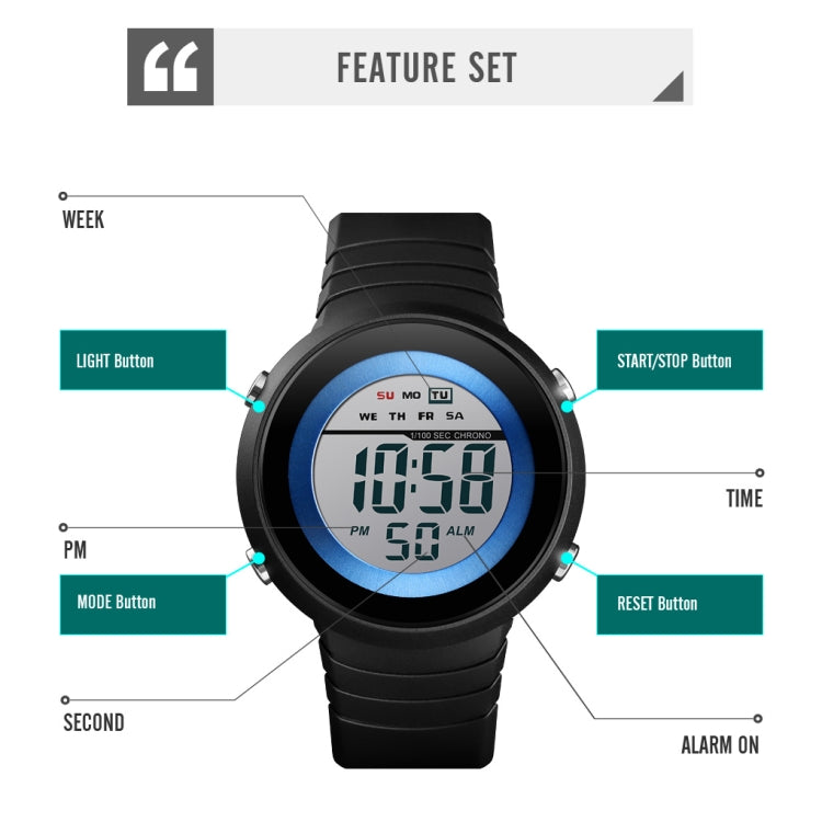 SKMEI 1497 Fashion Simple Backlight Single Display Electronic Watch Timing Alarm Watch(Blue Black) - free shipping - PMC TechLife - Order now!