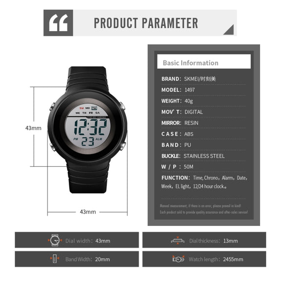 SKMEI 1497 Fashion Simple Backlight Single Display Electronic Watch Timing Alarm Watch(Black )