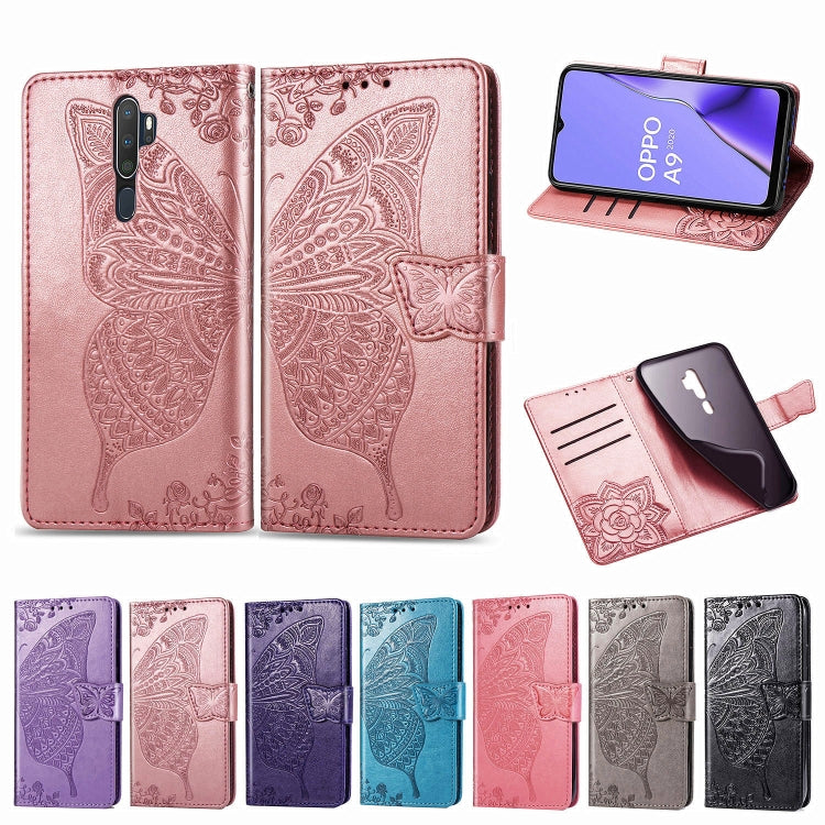 For OPPO A5 (2020) / A9 (2020) Butterfly Love Flower Embossed Horizontal Flip Leather Case with Bracket Lanyard Card Slot Wallet(Dark Purple)