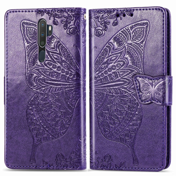 For OPPO A5 (2020) / A9 (2020) Butterfly Love Flower Embossed Horizontal Flip Leather Case with Bracket Lanyard Card Slot Wallet(Dark Purple)
