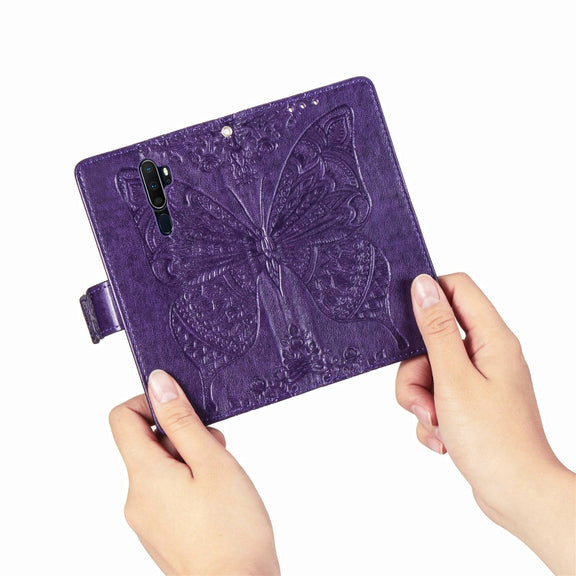 For OPPO A5 (2020) / A9 (2020) Butterfly Love Flower Embossed Horizontal Flip Leather Case with Bracket Lanyard Card Slot Wallet(Dark Purple)