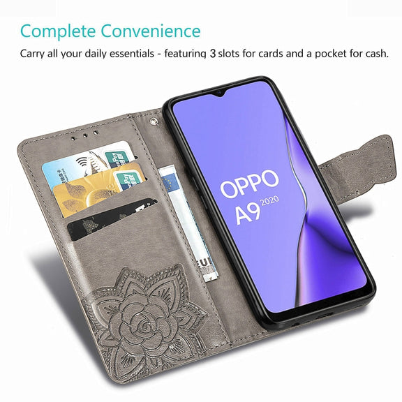 For OPPO A5 (2020) / A9 (2020) Butterfly Love Flower Embossed Horizontal Flip Leather Case with Bracket Lanyard Card Slot Wallet(Dark Purple)