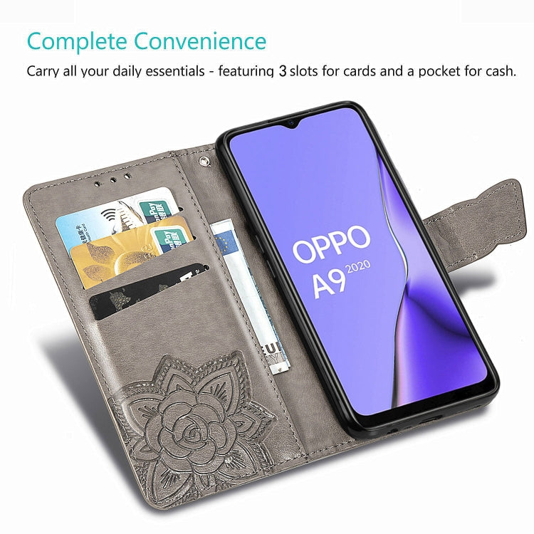 For OPPO A5 (2020) / A9 (2020) Butterfly Love Flower Embossed Horizontal Flip Leather Case with Bracket Lanyard Card Slot Wallet(Dark Purple)
