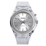 SkMEI 1553 Women LED Color Light Transparent Water-resistant Watch Inlaid With Water Drill(Silvery)