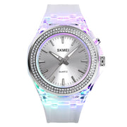 SkMEI 1553 Women LED Color Light Transparent Water-resistant Watch Inlaid With Water Drill(Silvery)