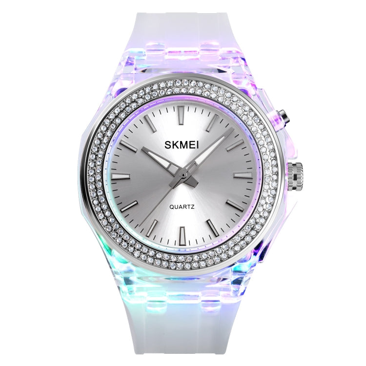 SkMEI 1553 Women LED Color Light Transparent Water-resistant Watch Inlaid With Water Drill(Silvery)