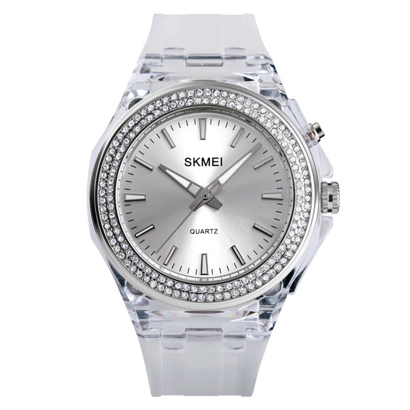 SkMEI 1553 Women LED Color Light Transparent Water-resistant Watch Inlaid With Water Drill(Silvery)
