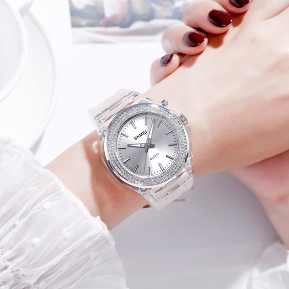 SkMEI 1553 Women LED Color Light Transparent Water-resistant Watch Inlaid With Water Drill(Silvery)