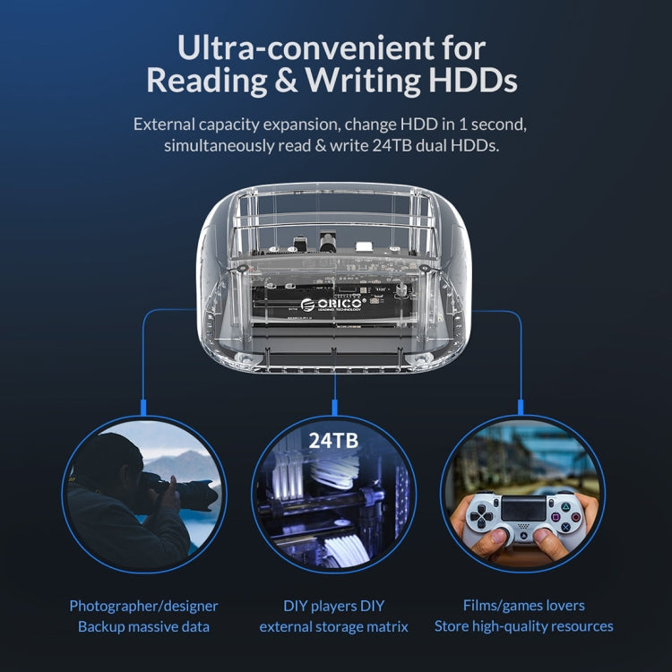 ORICO 6239C3 2.5/3.5inch 2 Bay Transparent Type-C Hard Drive Dock