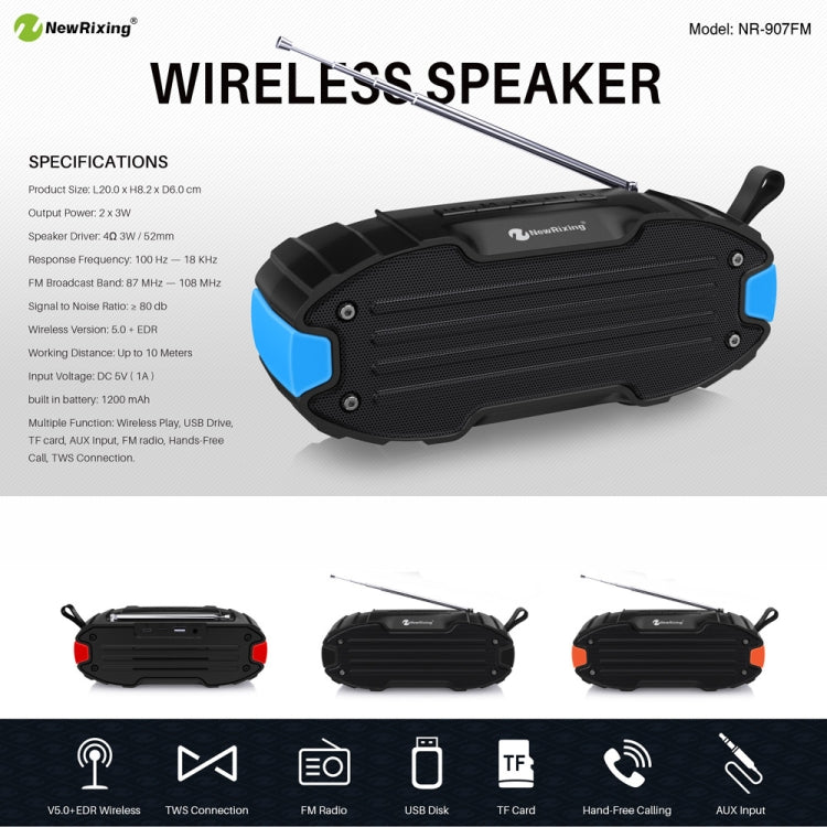 New Rixing NR907 Portable Stereo Surround Soundbar Bluetooth Speaker with Microphone, Support TF Card FM(Yellow)
