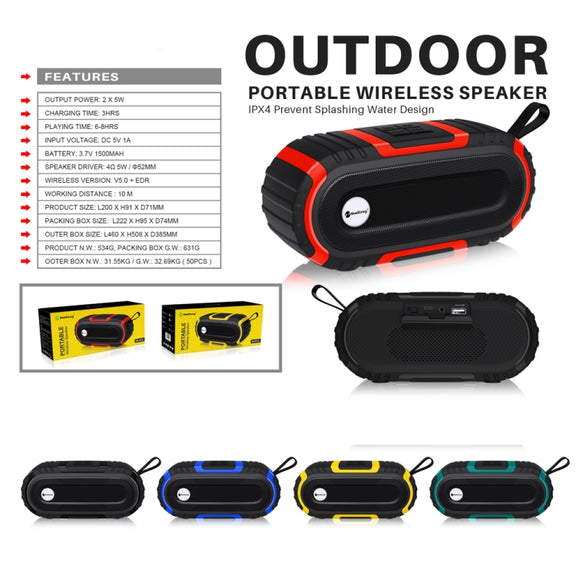 New Rixing NR5016 Wireless Portable Bluetooth Speaker Stereo Sound 10W System Music Subwoofer Column, Support TF Card, FM(Red)