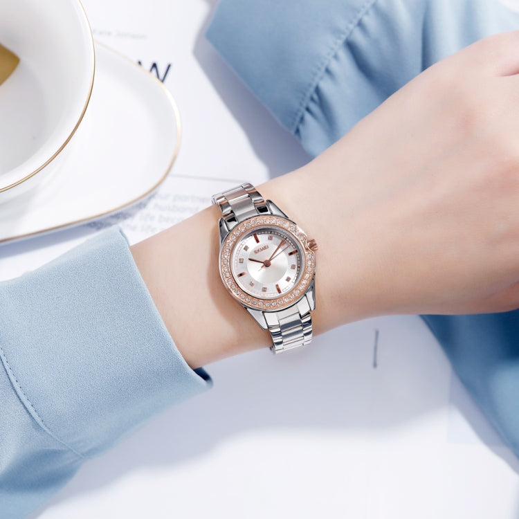 SKMEI 1534 elegant water-resistant quartz steel band watch with diamond inlay(Silver  Gold)