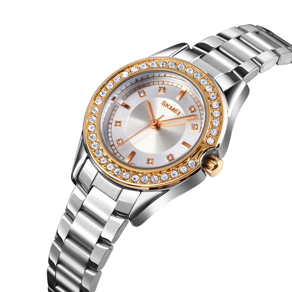 SKMEI 1534 elegant water-resistant quartz steel band watch with diamond inlay(Silver  Gold)