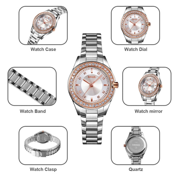 SKMEI 1534 elegant water-resistant quartz steel band watch with diamond inlay(Silver)