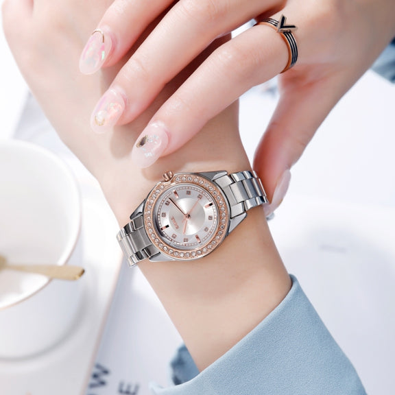 SKMEI 1534 elegant water-resistant quartz steel band watch with diamond inlay(Silver)