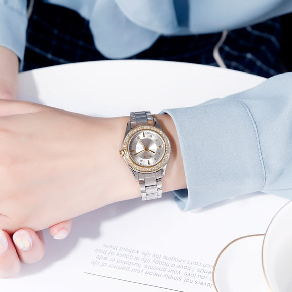 SKMEI 1534 elegant water-resistant quartz steel band watch with diamond inlay(Silver)