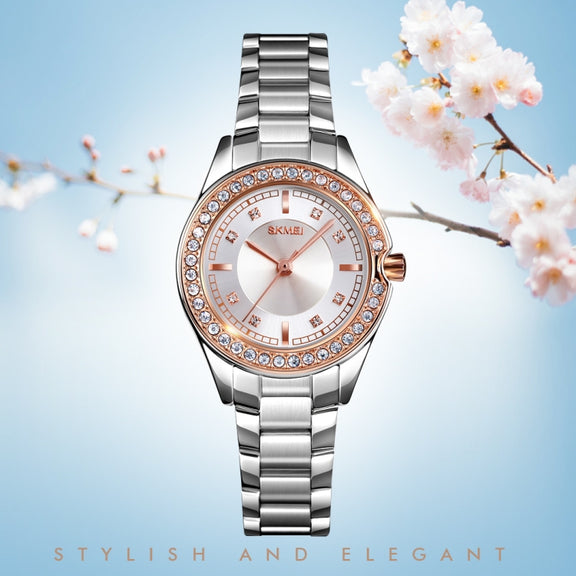 SKMEI 1534 elegant water-resistant quartz steel band watch with diamond inlay(Silver)