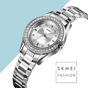 SKMEI 1534 elegant water-resistant quartz steel band watch with diamond inlay(Silver)