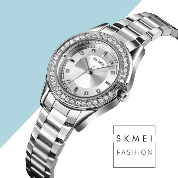SKMEI 1534 elegant water-resistant quartz steel band watch with diamond inlay(Silver)