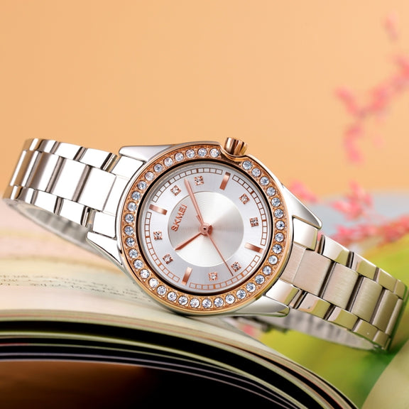 SKMEI 1534 elegant water-resistant quartz steel band watch with diamond inlay(Silver)