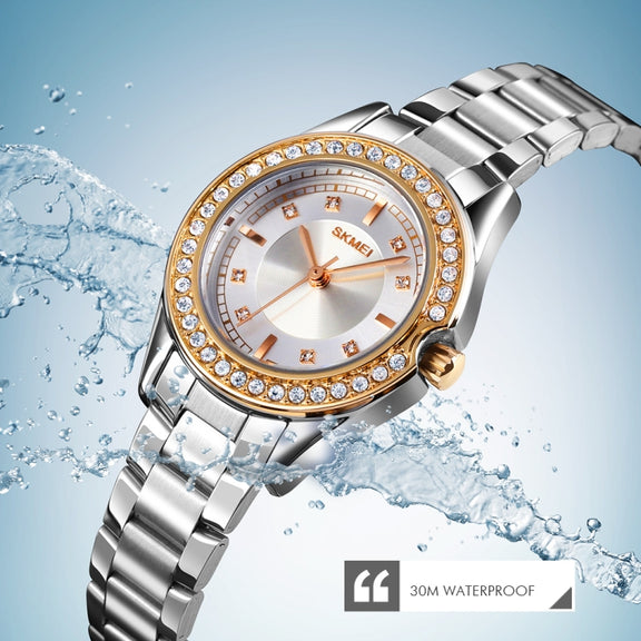 SKMEI 1534 elegant water-resistant quartz steel band watch with diamond inlay(Silver)