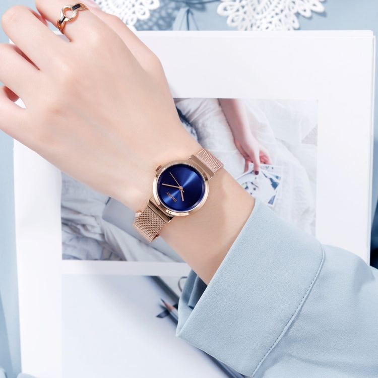 Skmei 1595 Fashion Elegant Scale Free Steel Mesh Belt Women's Watch Water-resistant Business Student Quartz Watch Female(Rose Gold Blue)