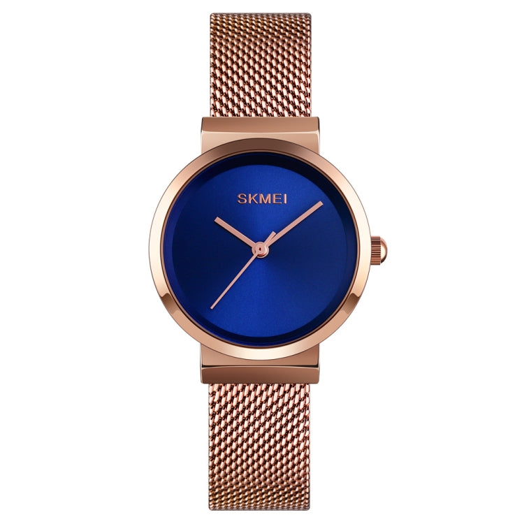 Skmei 1595 Fashion Elegant Scale Free Steel Mesh Belt Women's Watch Water-resistant Business Student Quartz Watch Female(Rose Gold Blue)