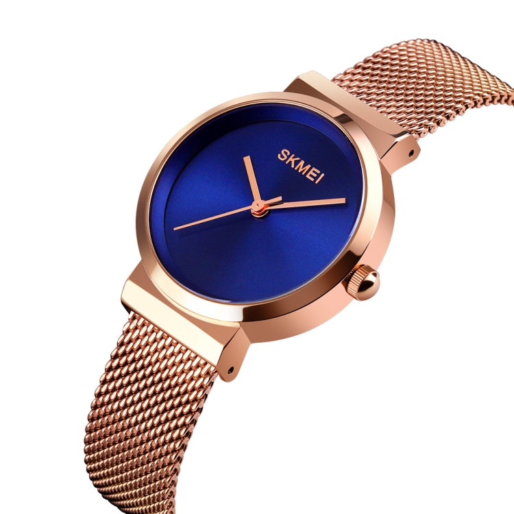 Skmei 1595 Fashion Elegant Scale Free Steel Mesh Belt Women's Watch Water-resistant Business Student Quartz Watch Female(Rose Gold Blue)