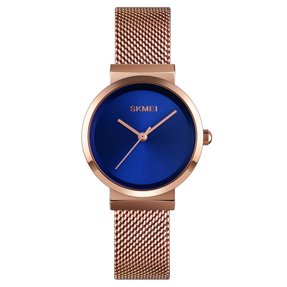 Skmei 1595 Fashion Elegant Scale Free Steel Mesh Belt Women's Watch Water-resistant Business Student Quartz Watch Female(Rose Gold Blue)