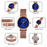 Skmei 1595 Fashion Elegant Scale Free Steel Mesh Belt Women's Watch Water-resistant Business Student Quartz Watch Female(Rose Gold Blue)