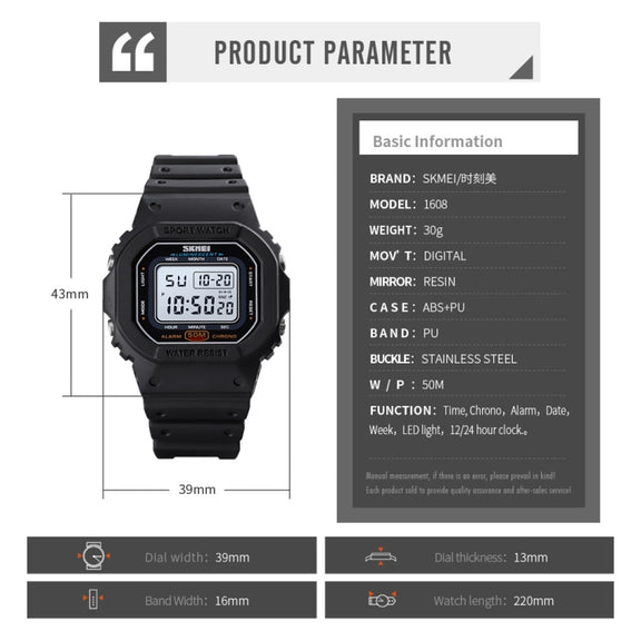 Skmei 1608 Multi-Function Student Electronic Watch Water-resistant Timing Silicone Sports Watch(Black)
