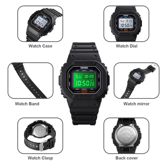 Skmei 1608 Multi-Function Student Electronic Watch Water-resistant Timing Silicone Sports Watch(Black)