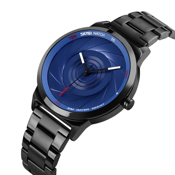 Skmei 9210 Fashion Trend Mens Business Wristwatch Simple Three-Dimensional Surface Water-resistant Gold Quartz Watch Man(Black Blue)