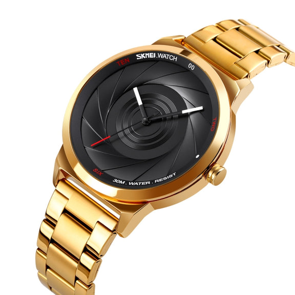 Skmei 9210 Fashion Trend Mens Business Wristwatch Simple Three-Dimensional Surface Water-resistant Gold Quartz Watch Man(Golden Black)