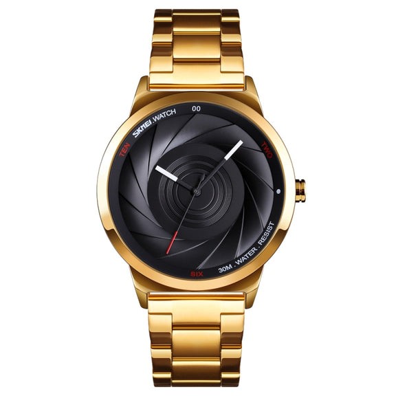 Skmei 9210 Fashion Trend Mens Business Wristwatch Simple Three-Dimensional Surface Water-resistant Gold Quartz Watch Man(Golden Black)