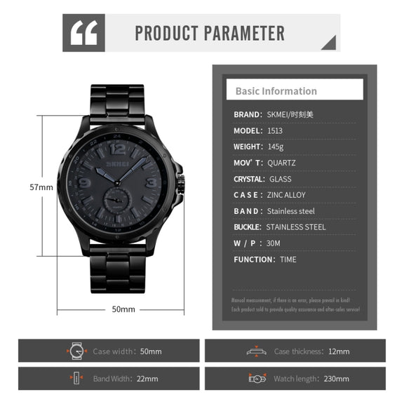 Skmei 1513 Fashion Trendy Steel Band Quartz Watch Mens Water-resistant Leisure Watch(Black)