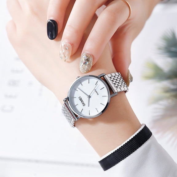 Skmei 1567 Light And Thin Leisure Simple 30m Water-resistant Shell Dial Women Steel Band Quartz Watch(Silvery)