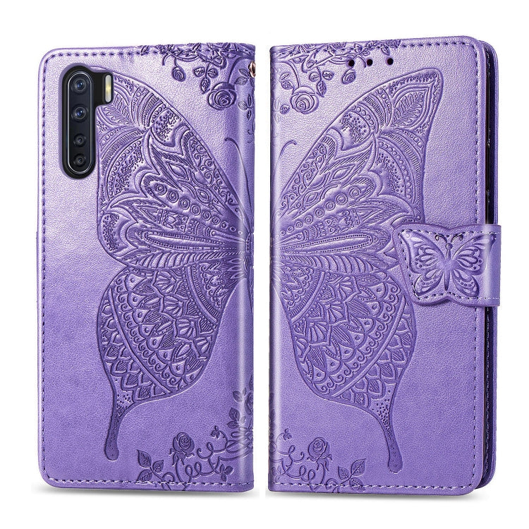 For OPPO F15/A91 Butterfly Love Flower Embossed Horizontal Flip Leather Case with Bracket / Card Slot / Wallet / Lanyard(Light Purple)