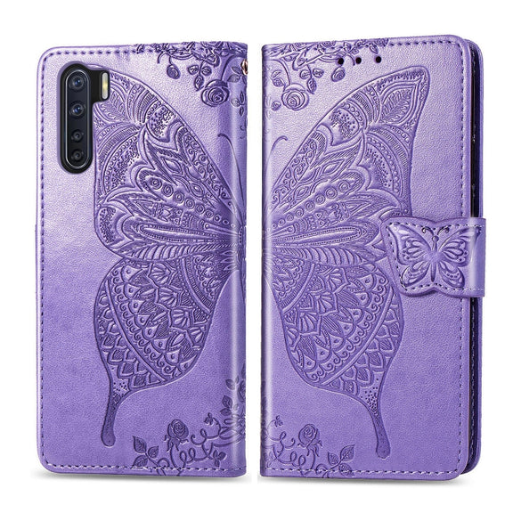 For OPPO F15/A91 Butterfly Love Flower Embossed Horizontal Flip Leather Case with Bracket / Card Slot / Wallet / Lanyard(Light Purple)