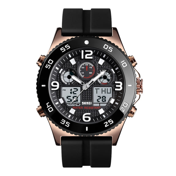 SKMEI 1538 Multi-Function Time Large Dial Steel Belt Men  Casual Sports Electronic Watch(Rose Gold-Silicone Belt)