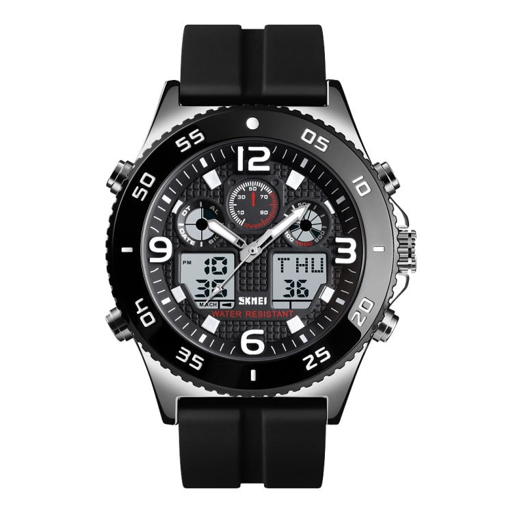 SKMEI 1538 Multi-Function Time Large Dial Steel Belt Men  Casual Sports Electronic Watch(Silver-Silicone Belt)