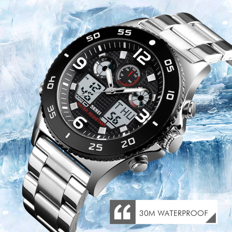 SKMEI 1538 Multi-Function Time Large Dial Steel Belt Men  Casual Sports Electronic Watch(Silver-Silicone Belt)