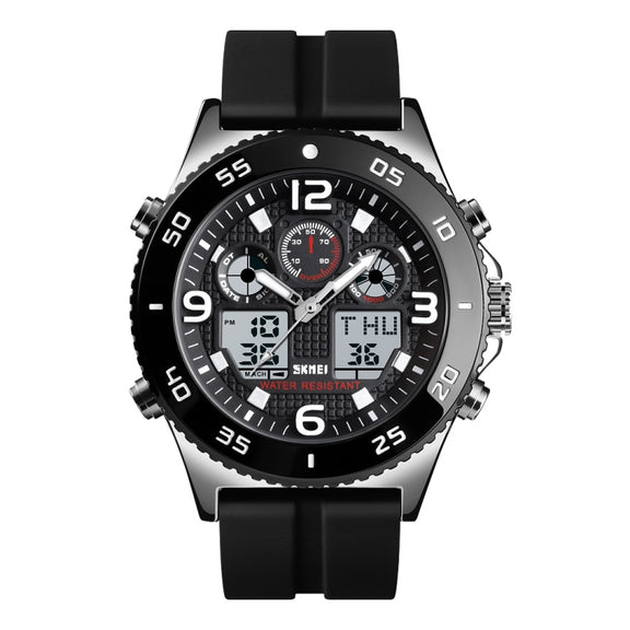 SKMEI 1538 Multi-Function Time Large Dial Steel Belt Men  Casual Sports Electronic Watch(Silver-Silicone Belt)