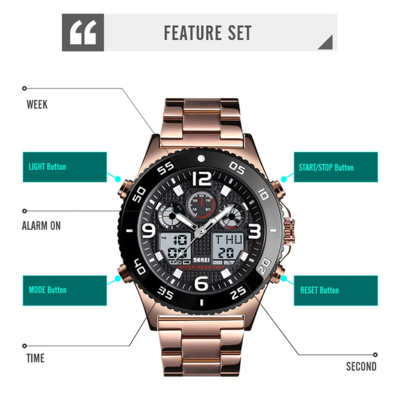 SKMEI 1538 Multi-Function Time Large Dial Steel Belt Men  Casual Sports Electronic Watch(Silver-Silicone Belt)