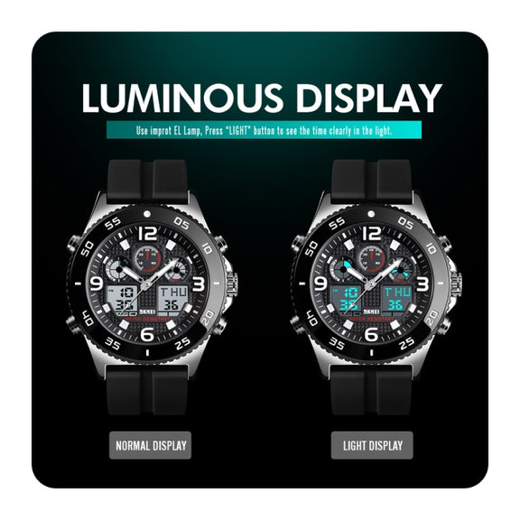 SKMEI 1538 Multi-Function Time Large Dial Steel Belt Men  Casual Sports Electronic Watch(Silver-Silicone Belt)