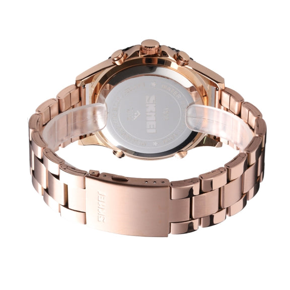 SKMEI 1538 Multi-Function Time Large Dial Steel Belt Men  Casual Sports Electronic Watch(Rose Gold-Steel Belt)