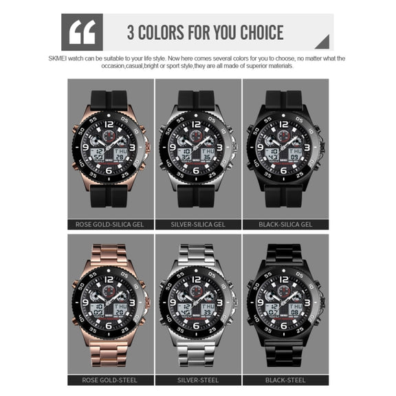 SKMEI 1538 Multi-Function Time Large Dial Steel Belt Men  Casual Sports Electronic Watch(Rose Gold-Steel Belt)