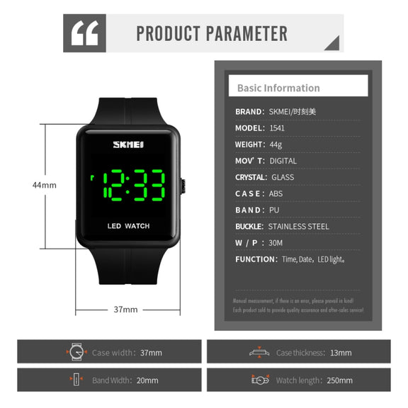 SKMEI 1541 Fashion Led Watch Square Couple Model Water-resistant Electronic Watch Silicone Watch(Black)